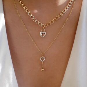 Rhinestone Lock and Key Layered Gold Chain Necklace Minimalist Classic Sparkle